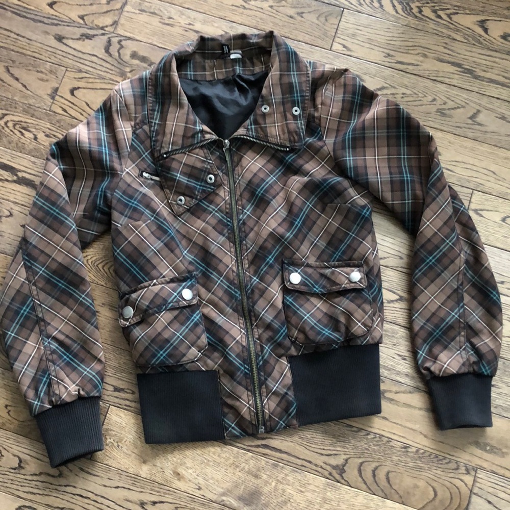 H&M Brown and Turquoise Plaid Bomber Jacket